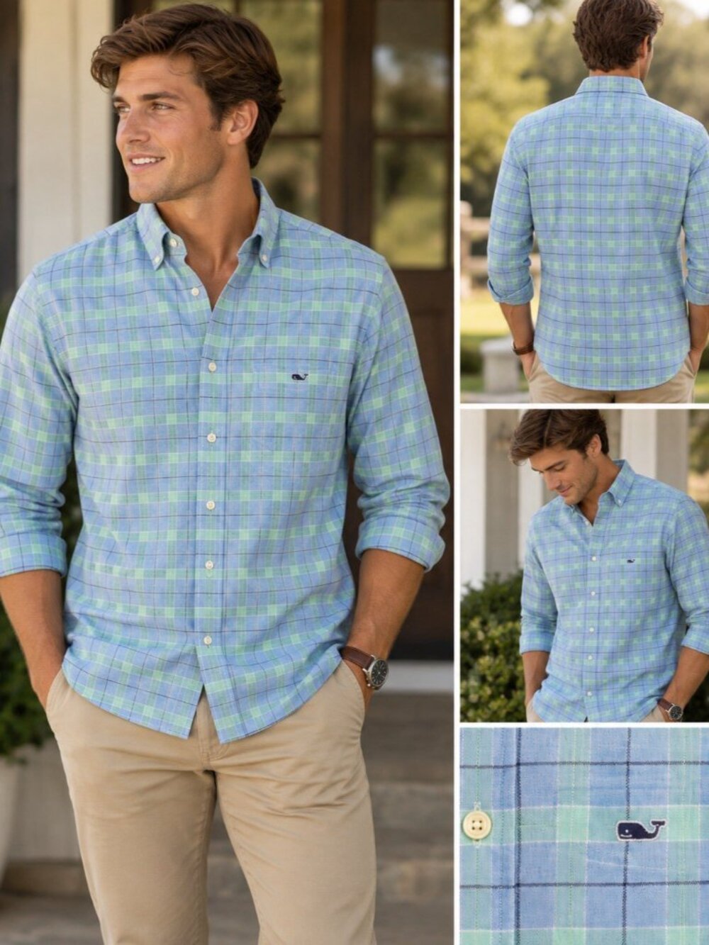 Vineyard Vines Small Men Slim Fit Tucker Plaid Blu/Grn Long Sleeve Button Up EUC